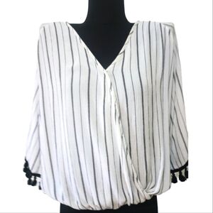 Anthropologie Lavender Field White and Black Striped Faux Wrap Blouse